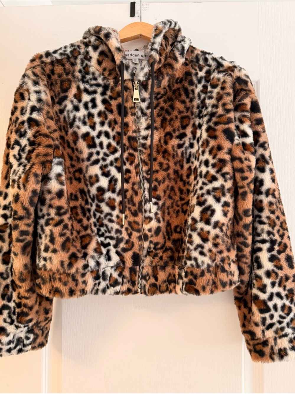 ‘Madden Girl’ Women’s Leopard Print Faux Fur Hooded Jacket